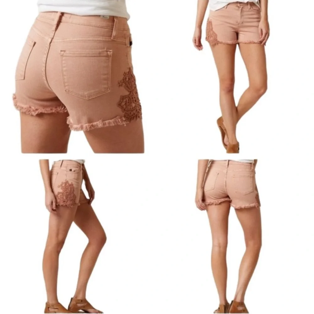 KanCan (Buckle) | Kaimi High Rise Pink Denim Shorts Crochet Lace Frayed Hem 23